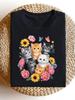 Women's Vintage Kitten & Floral T-Shirt - Retro Print Round Neck Tee Suitable F
