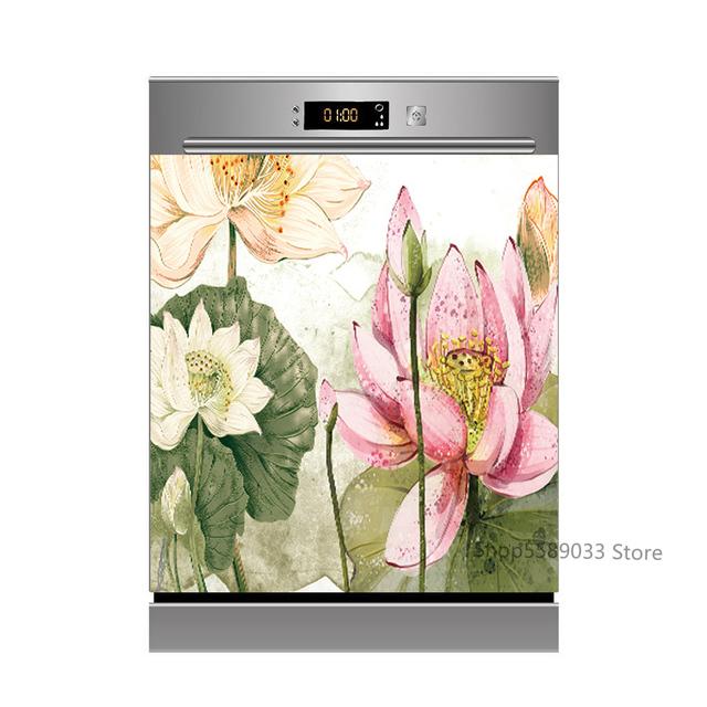 Lotus White Rose Kitchen Dishwasher Door Sticker Home Furniture Renovation Waterproof Vinyl Wallpaper Buddha Flower Room Decor