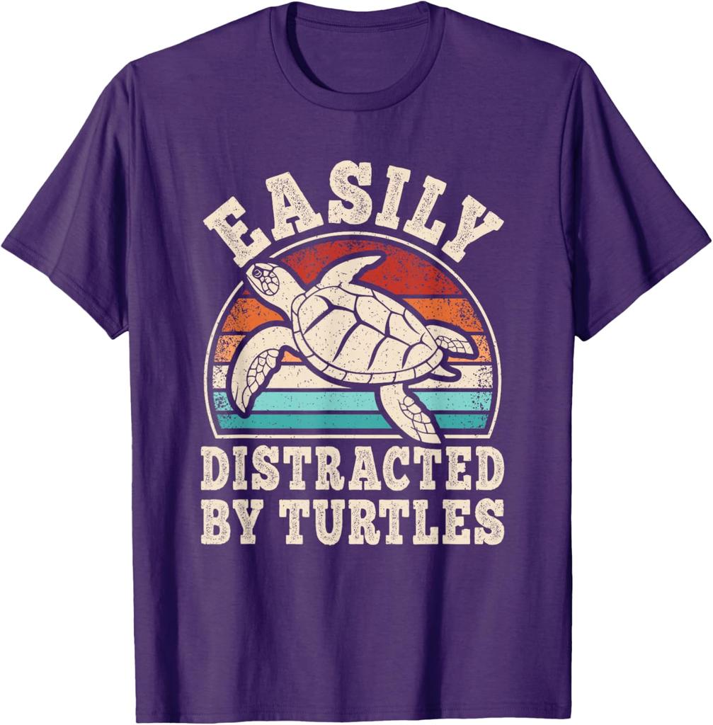 Easily Distracted By Turtles Graphic Tee Retro Sunset Sea Turtle Print Casual Cotton T-Shirt
