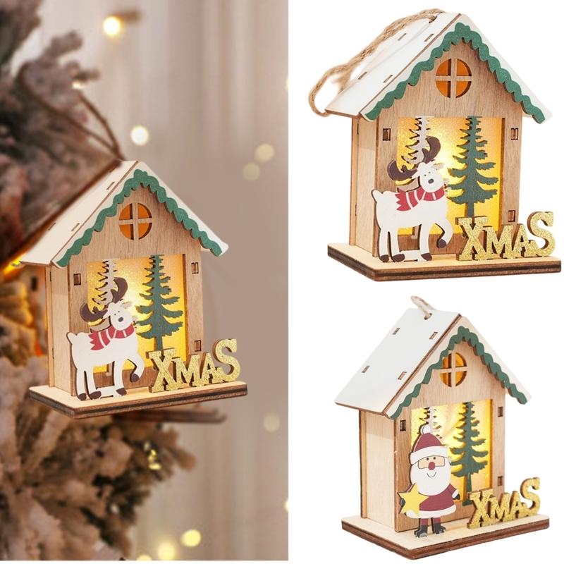 Wooden Christmas House Ornament Battery Power LED Lights Safe Flameless Decoration For Home Christmas Tree Party Crafts