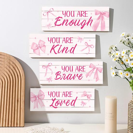 Pink Bow Inspirational Wall Decor Positive Affirmations Wall Art Wooden Hanging Plaque Sign for Teen Girls Room Nursery Bedroom Decor