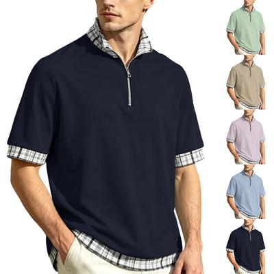Polo à manches courtes pour homme avec col à demi-zip Aspect superposé Décontracté Coupe ample Grande taille Motif à carreaux
