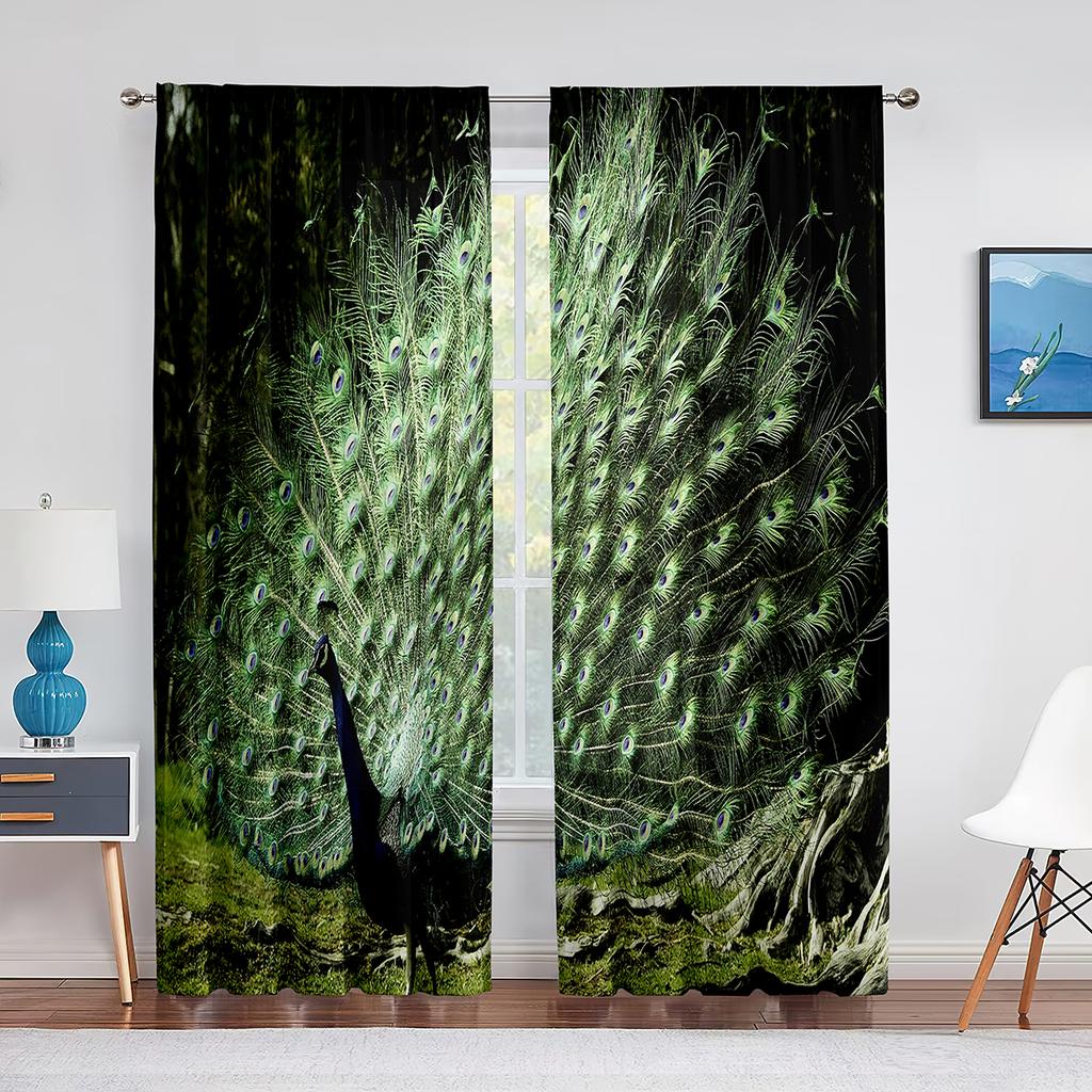Peacock Green Feathers Birds Animals Skin Tulle Curtains for Living Room Bedroom Decoration Chiffon Sheer Voile Window Curtain