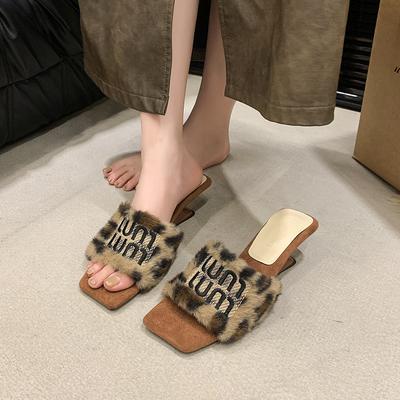 Celebrity Style Leopard Print Slope Heel Slippers Women's 2024 New Large Size Fluffy Slippers~ Autumn and Winter Warm High-heeled Slippers