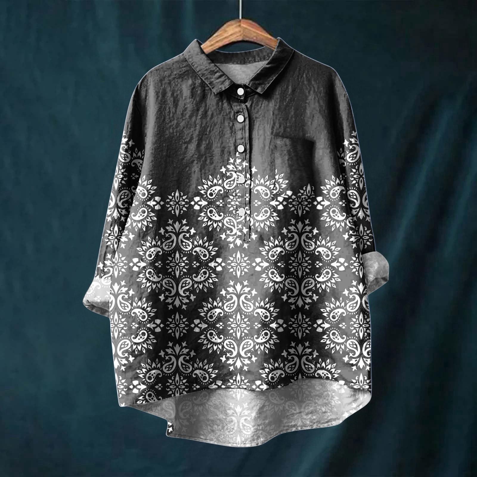 

Женская рубашка с длинным рукавом на пуговицах, ретро геометрический принт, повседневный неровный подол, рубашечный воротник, топ XL