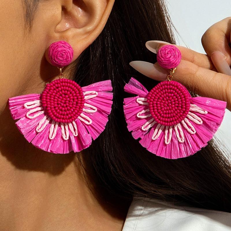 Fan-shaped Raffia Flower Earrings, Summer Vacation Style Earrings, Dopamine Colored Braided Earrings
