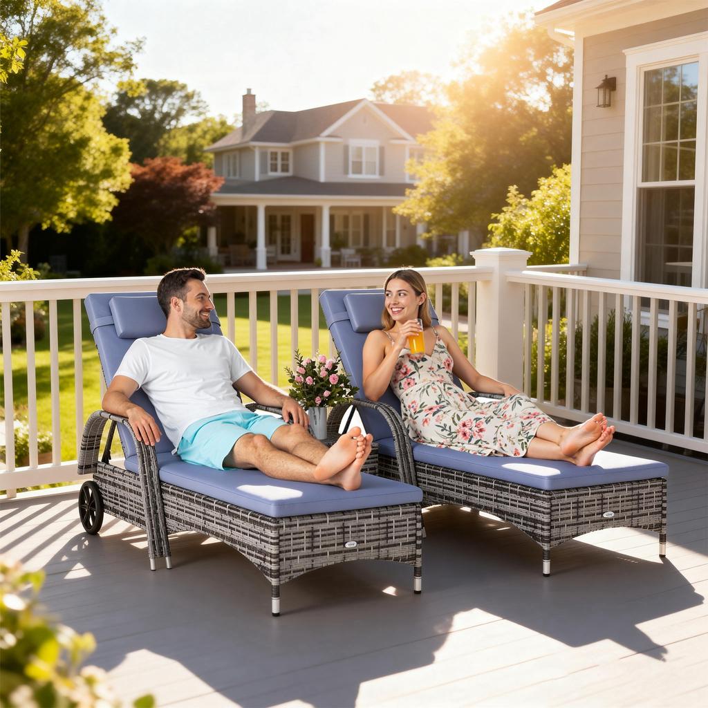 2 Seater Rattan Sun Lounger Set with Side Table-Grey