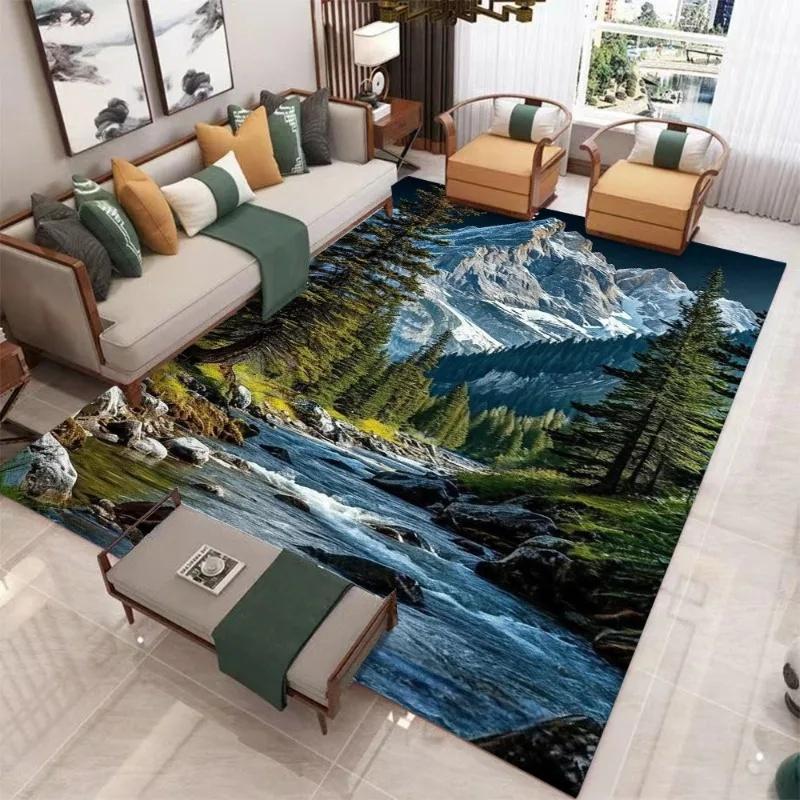 Non-Slip 3D Nature Scenery Rug, Santorini Snow Mountain Landscape Mat, Soft Floor Carpet for Living Room Home