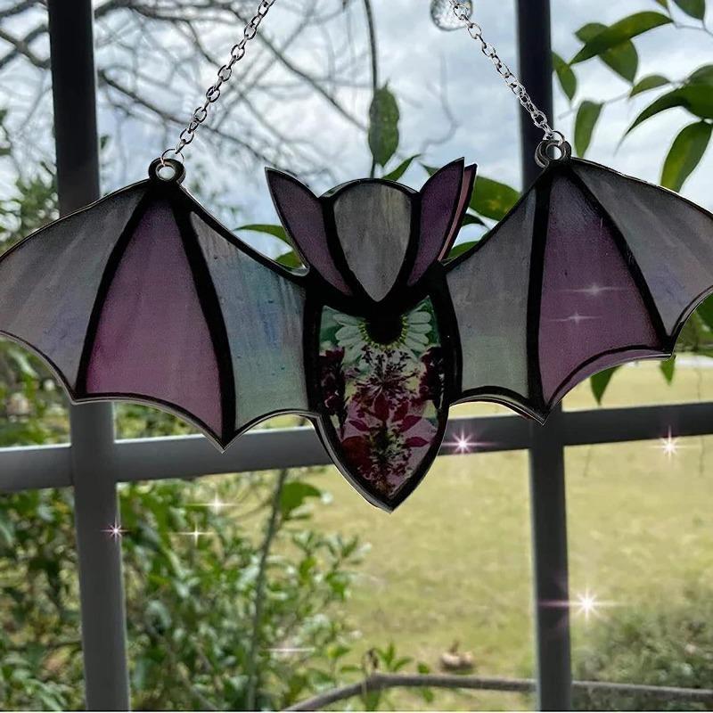 1PC Bat Stained Glass Suncatcher Window Hanging Acrylic Wall Art Decoration Party Festival Colorful Bat House Arrangement Props