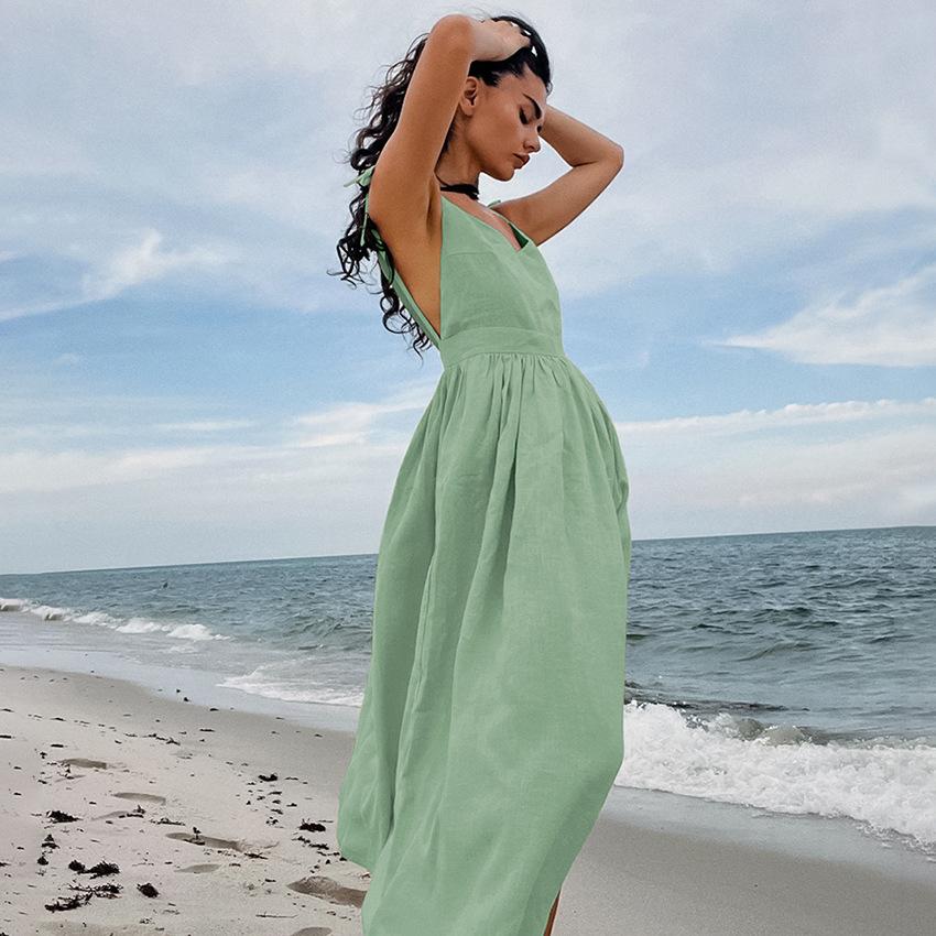 French Khaki Cotton Linen Breathable Halter High Waisted Dress Holiday Style Long Skirt Woman