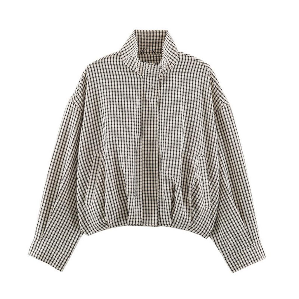 Women's Plaid Shirt Jacket with Long Sleeves and Adjustable Tie Collar for Casual Wear
