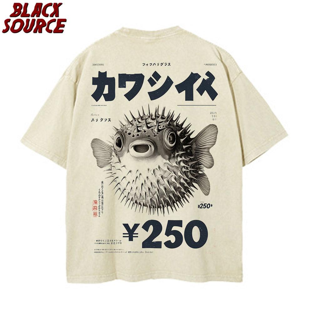 T155 Vintage Fugu Puffer Fish Ramen T-Shirts Men Women Clothing Summer 100% Cotton Tee Shirt Fashion Crewneck Short Sleeve