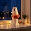 Kid Friendly Halloween Ornaments Resin Ghost Statue with Pumpkin Candy Bowl, Cute Figurine, Trick Seasonal Home Shelf Accessories or Treat Holder for