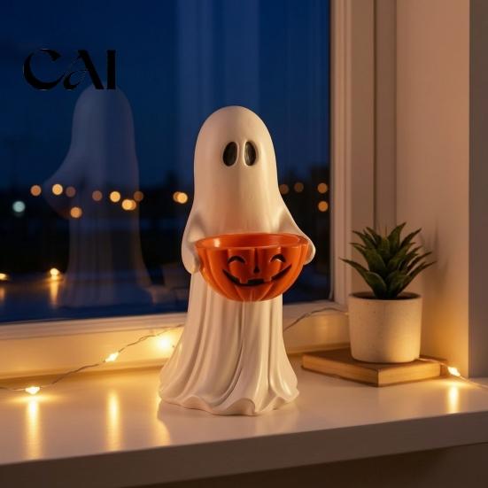 Kid Friendly Halloween Ornaments Resin Ghost Statue with Pumpkin Candy Bowl, Cute Figurine, Trick Seasonal Home Shelf Accessories or Treat Holder for