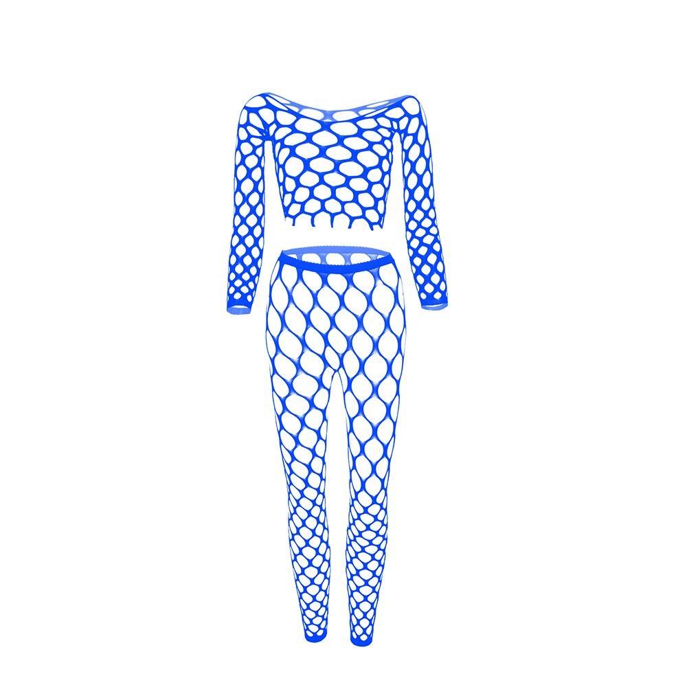 Σετ δύο τεμαχίων μακρυμάνικα μπλουζάκια και δικτυωτό παντελόνι Γυναικείο σέξι κοίλο ανοιχτό δίχτυ Εσώρουχα Plus Size Διάφανα εσώρουχα Σέξι