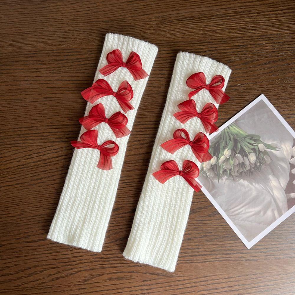 Solid Color Bow Knitted Gloves Y2k Wool Sleeve Cuff Elastic Fingerless Gloves  Ladies