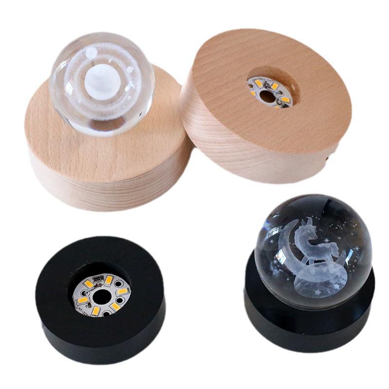 Round LED Night Light with Luminous Crystal Ball and Wooden Base for Bedroom