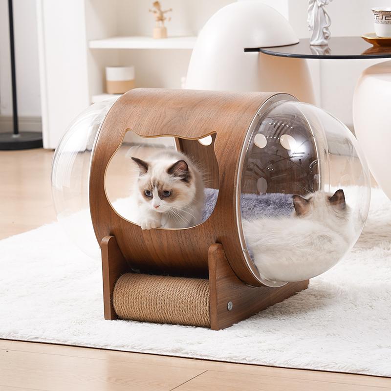 Transparent Cat Bed Acrylic Cat House with Wooden Climbing Frame All-Season Kitty Condo for Indoor Modern Space Capsule Pet Nest