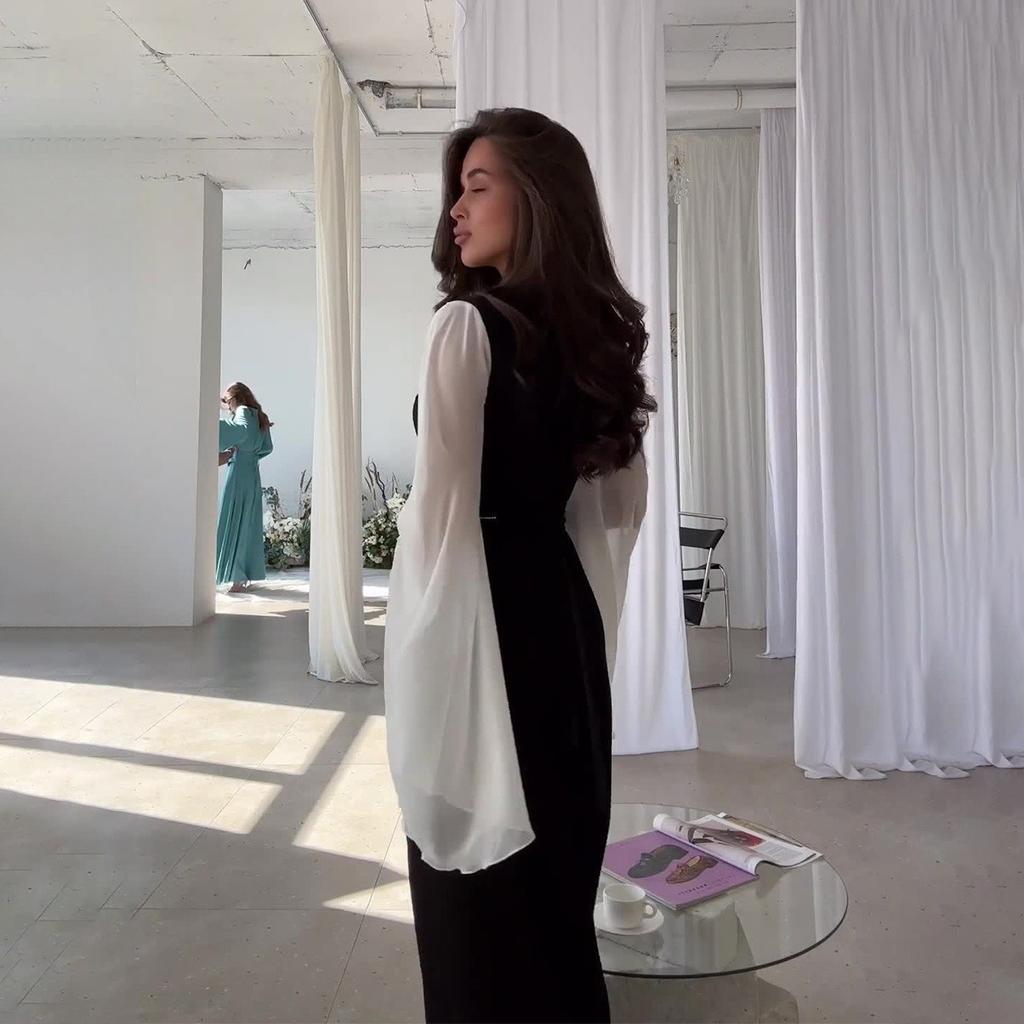 Vestido feminino de primavera e outono, solto, redução de idade, decote em V, malha, transparente