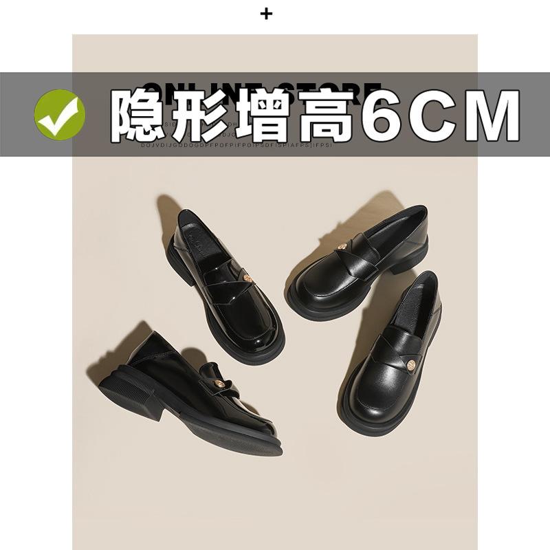 Small Leather Shoes Women's Thick-soled Thick Heel Inner Height Increase 6CM Versatile Small Size 32334 Black Round Head Small Gold Coin