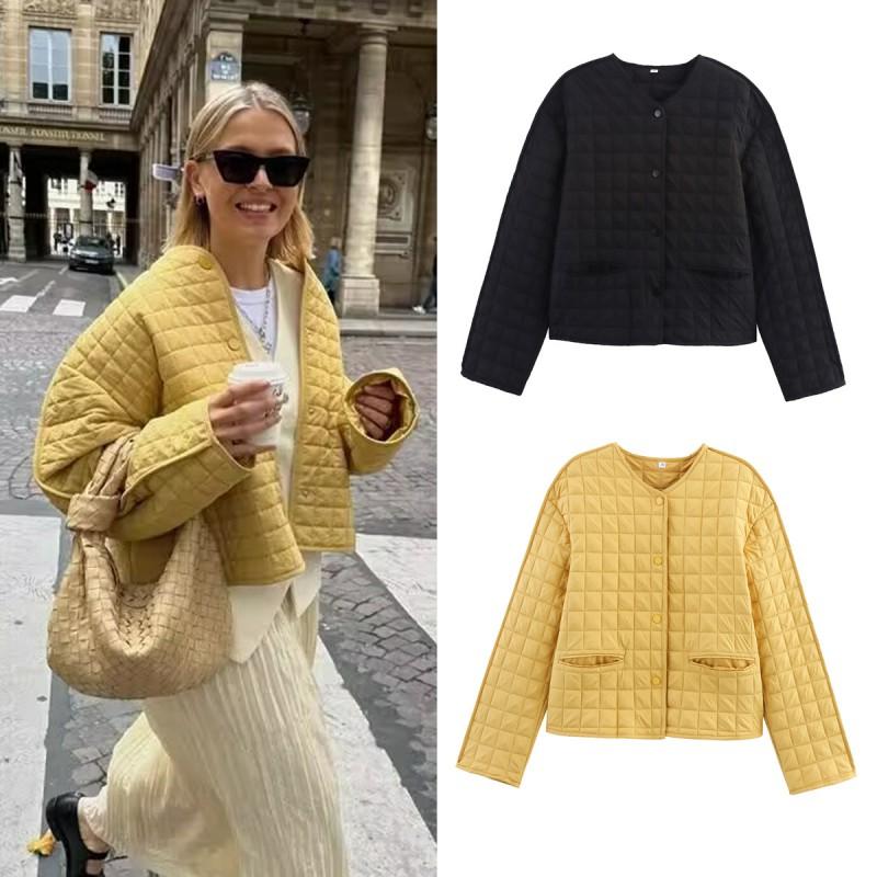 Womens Winter Plaid Cotton-Padded Coat Loose Fit Round Neck Long Sleeve Single Breasted Outerwear
