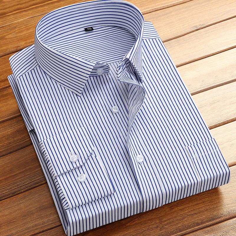 Camisas de Vestir Básicas de Algodón para Hombre de Manga Larga Clásicas a Rayas con un Bolsillo de Parche Ajuste Estándar Formal de Negocios Camisa Social de Oficina