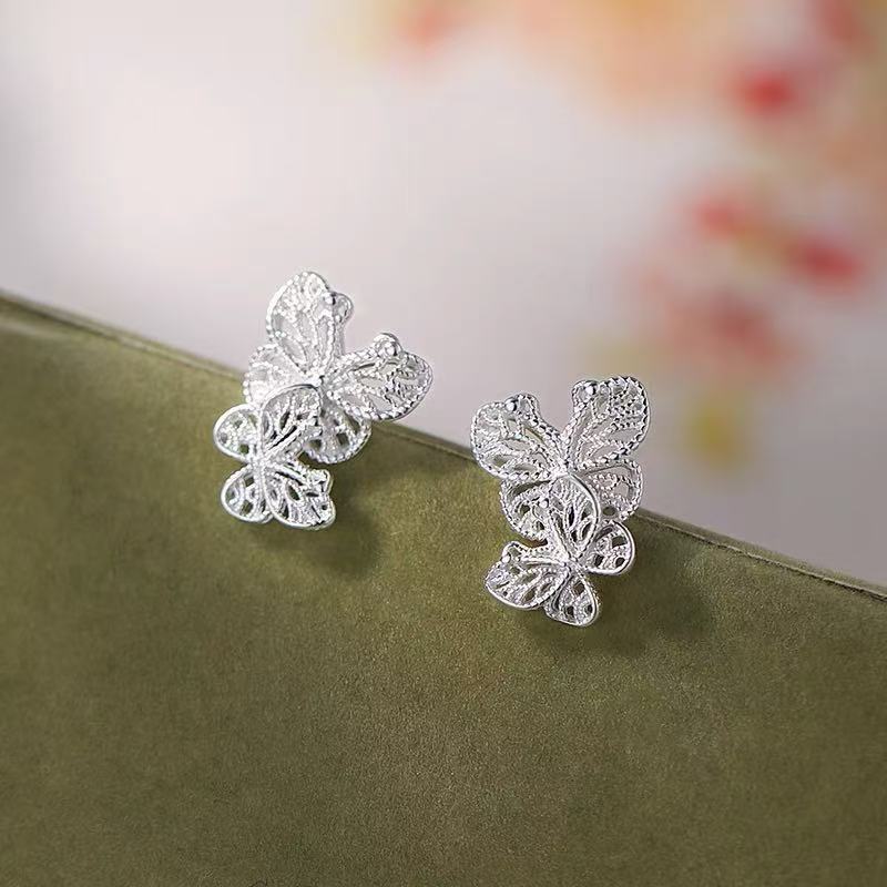 Real 925 Silver Lace Hollow Butterfly Stud Earrings For Women Cute Fine Jewelry Small Niche Advanced Accessories