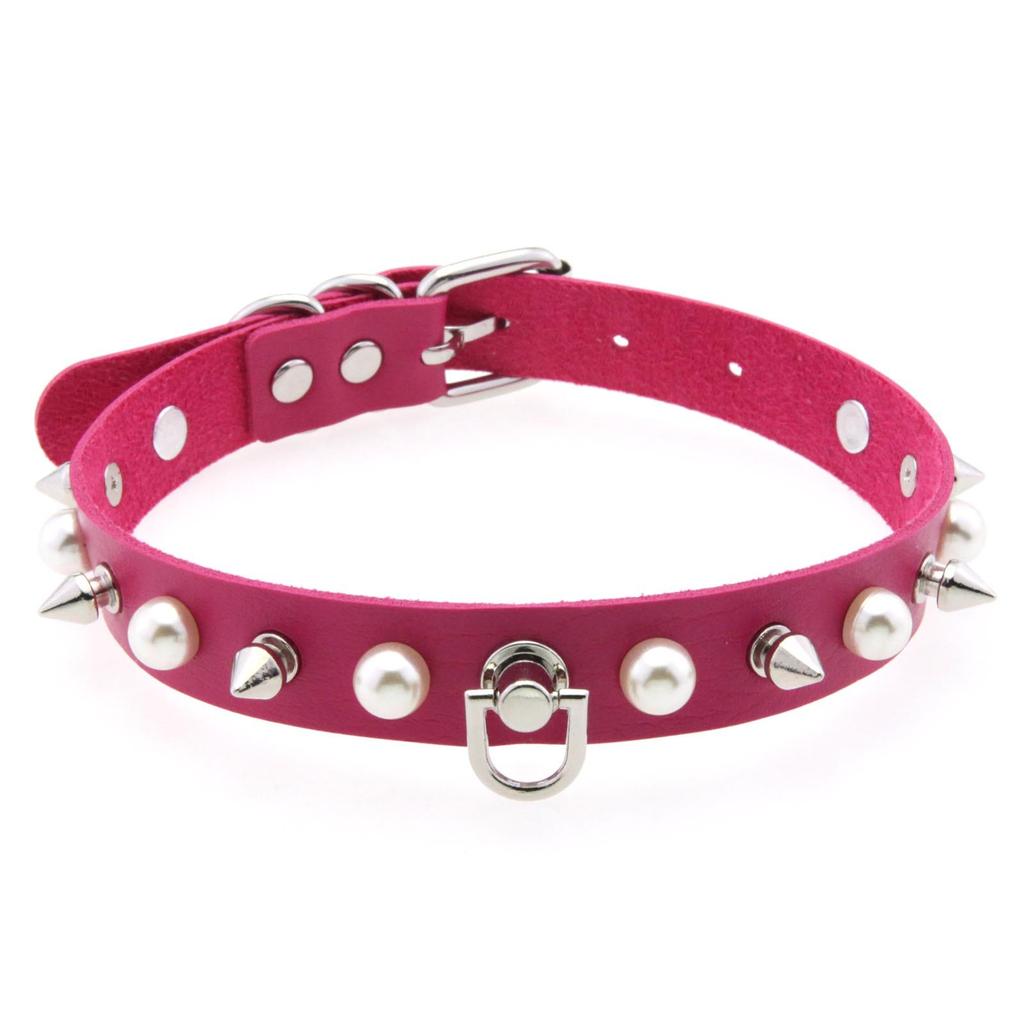 Alloy Spike D-ring Choker, Faux Pearl Rivet D Buckle Leather Clavicle Necklace