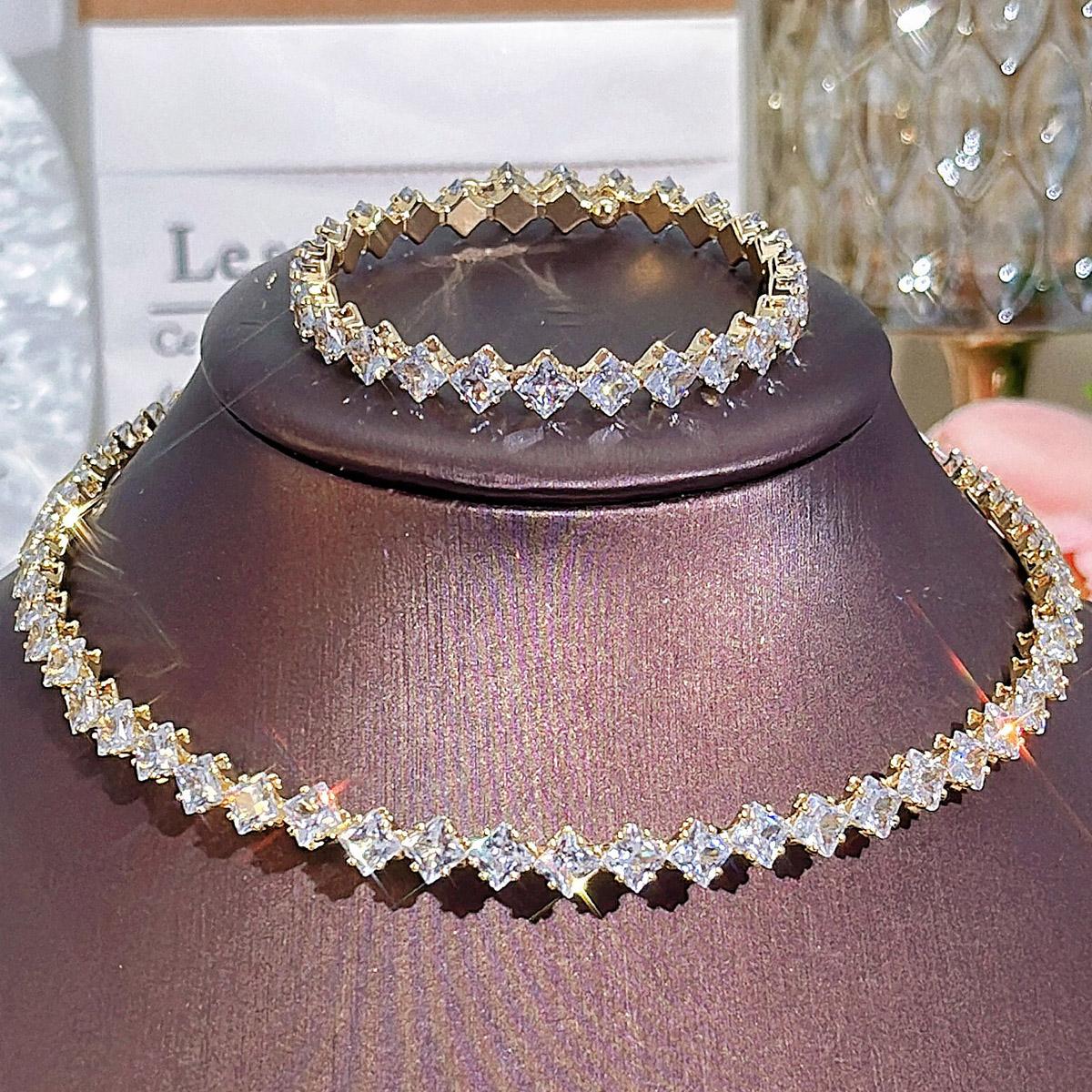 CMM 2PS, легкий роскошный комплект свадебных украшений, круглый AAA + цирконий, серебристый теннисный браслет, комплекты колье и ожерелья золотой