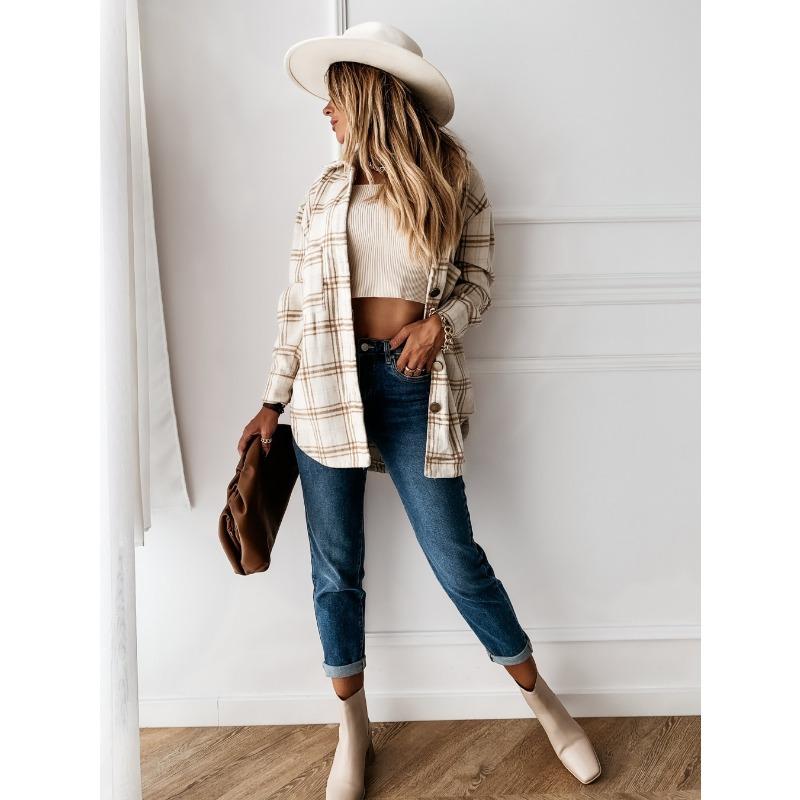 Camicia da donna autunnale Camicia di media lunghezza con risvolto ampio scozzese Comoda giacca da camicia casual