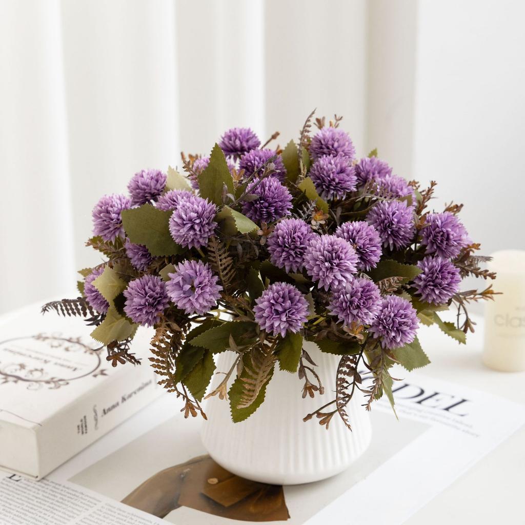 1PC Vintage-style artificial ball chrysanthemum bouquet; table centerpiece; faux flowers for living room; home decor; party decoration.