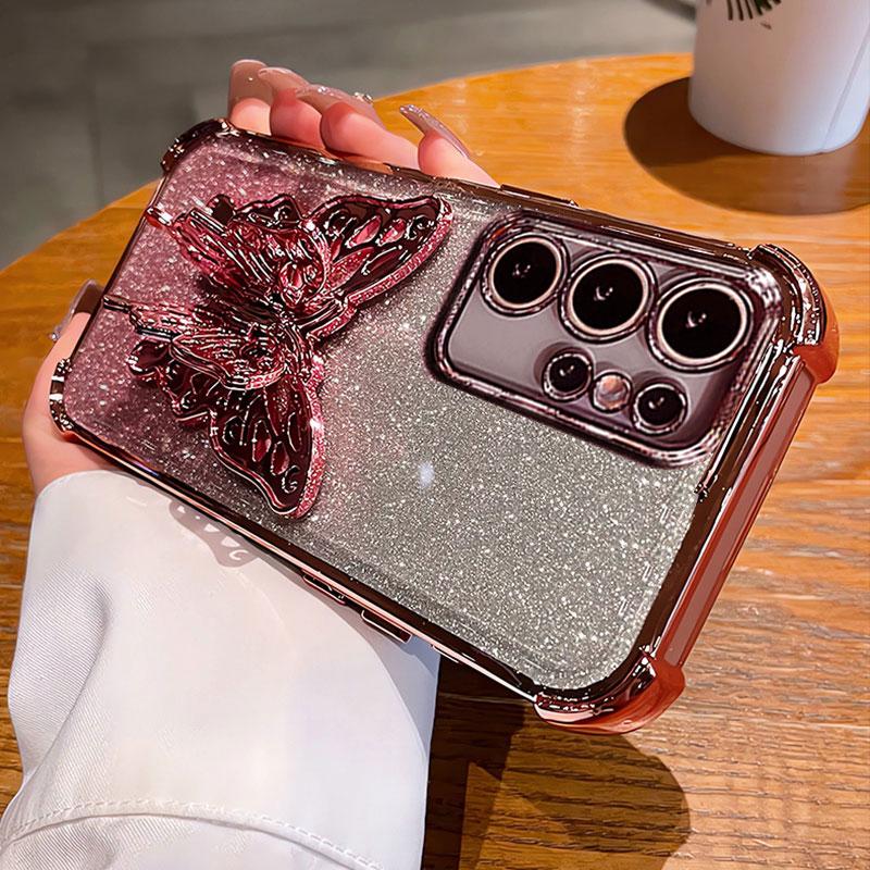 3D Holder Glitter Case For Samsung Galaxy A56 A36 A26 S25 Edge S24 FE S23 S22 Plus S21 S20 Ultra Shockproof Back Cover