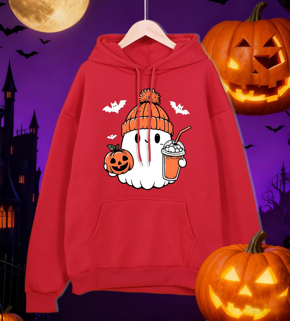 A Cute Ghost Holding A Drink Pattern Mens Hoodies Casual Autumn Pocket Streetwear Loose Hip Hop Pullovers Fleece Man Hoody