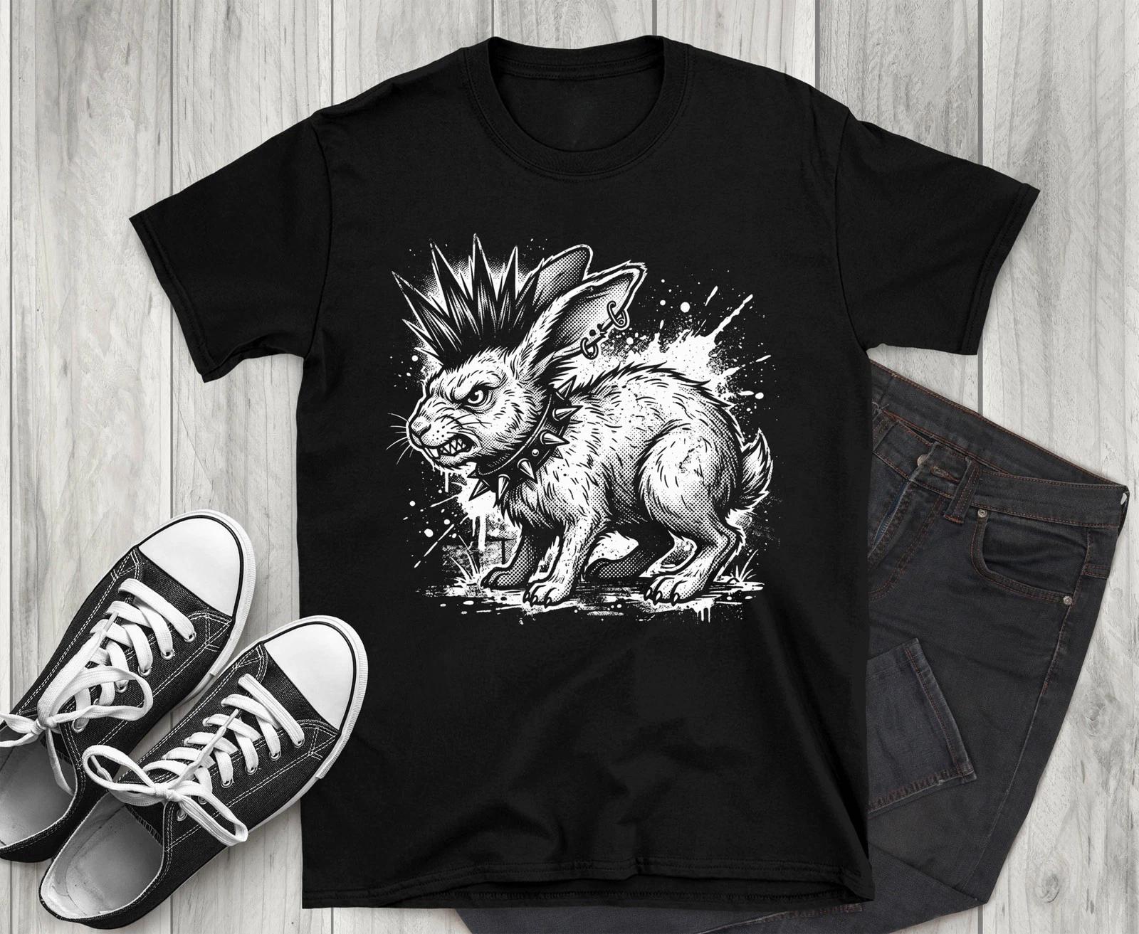 Punk Bunny T-Shirt, Angry Rabbit Graphic Tee, Goth Spiked Collar Animal 3XL