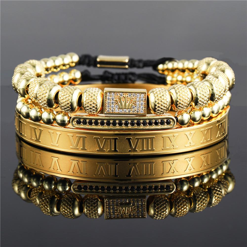 European and American retro crown woven bracelet, Roman letter stainless steel mesh open bracelet set three pieces men