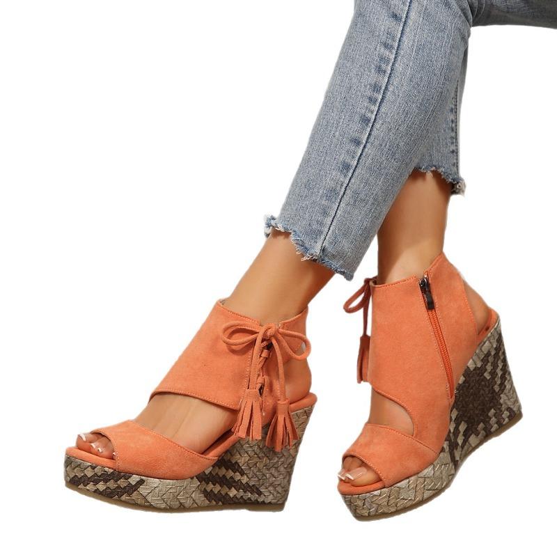Summer New Wedge Sandals Women's 2025 Plus Size Muffin Fringe Thick-soled Fish Mouth Roman Sandals