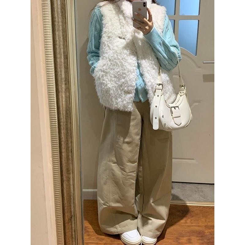 Französisches High-End vielseitige Plüschweste Weste Jacke + blaues Zopfstrick Cardigan Pullover Zweiteiler Set