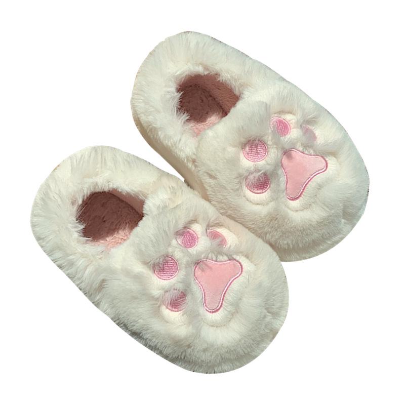 Women's Cute Korean Style Heart Plush Winter Slippers with Cat Paw Design and Soft Full Heel