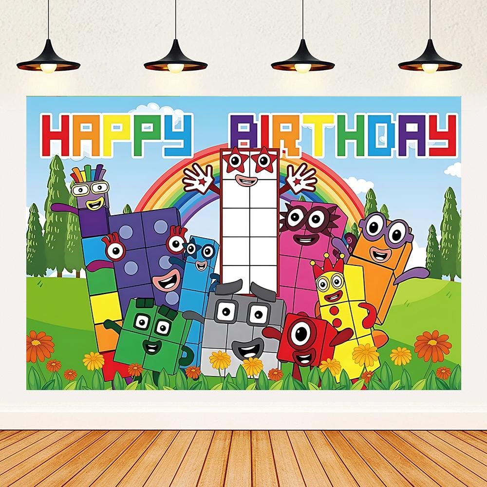 Cartoon Blocked Number Theme Birthday Party Decoration Building Background Plate Cup Balloon Backdrop Photography Prop Kid Gifts