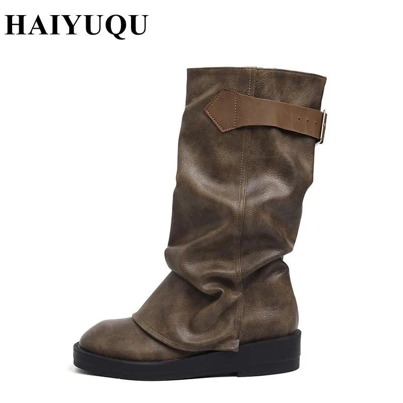 Ploché Platforma Dámské Kozačky do Poloviny Lýtka Robustní Podpatky Kožené Goth Boty Trend Zimní Dámské Teplé Kotníkové Sněhule Mujer Zapatos