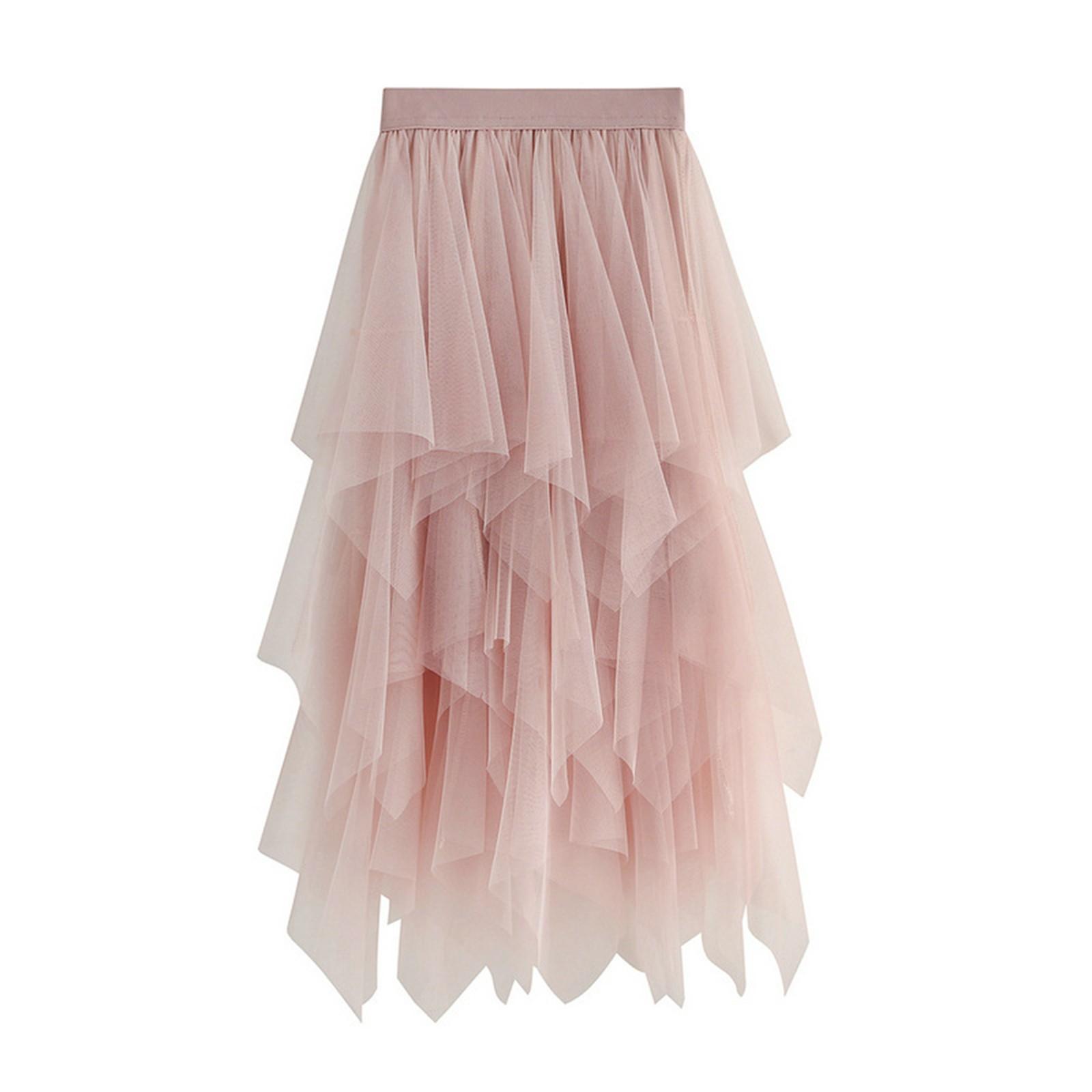 Women s Layered Tulle Skirt Elegant High Waist A-Line Midi Skirt for Party, Wedding, and Casual Wear One Size розовый