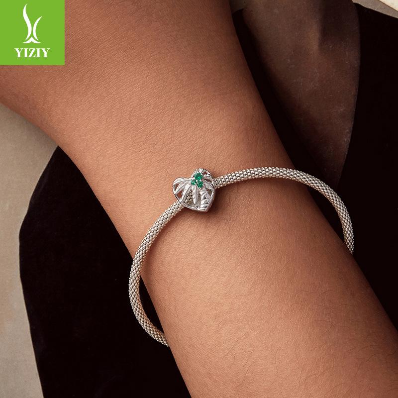 Double-Sided Summer Beach Beaded S925 Silver Diy Bracelet Beads Ocean Wind Coconut Tree Jewelry Accessories
