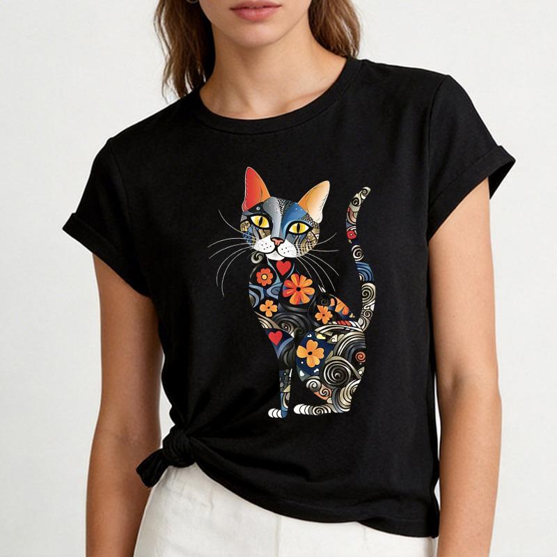 

Women s Casual Crew Neck Short-Sleeve T-Shirt with Floral Cat Print Prints Fashionable Graphic Y2k Tees Tops for Woman Clothes XL