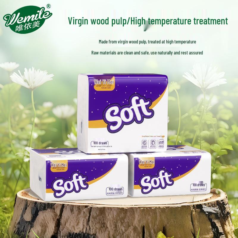 Wei Yi Mei 3-Ply Facial Tissues, 96 Packs of 100 Sheets each, Thickened for Hotels