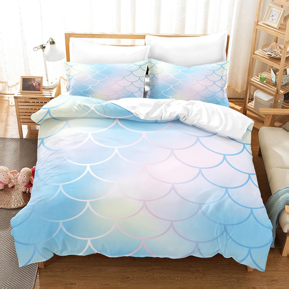 Laser Gradual Change Fish Scale 3D Digital Printing Three-Piece Set, Quilt Cover Pillowcase Home Textile Bed Sheet Kit