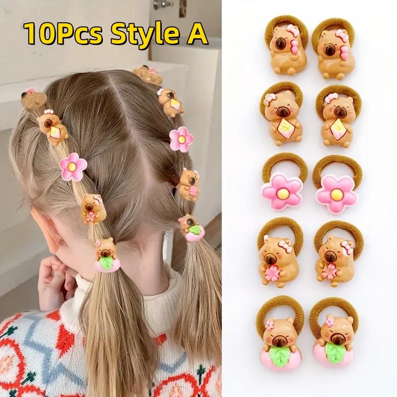 10Pcs Cute Cartoon Capybara Hair Ties For Girls Soft Resin Hair Accessories Mixed Colors For Everyday Wear Playful Animal Design