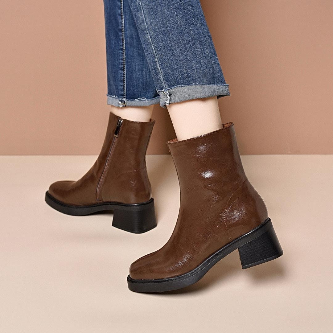 

Женские короткие ботинки с квадратным носком, осенне-зимние ботинки на толстом каблуке, простые модные ботинки, бархатные теплые кожаные ботинки 40