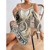 Women Bohemian Print Cold Shoulder Mini Dress Casual Long Sleeve A Line Dress