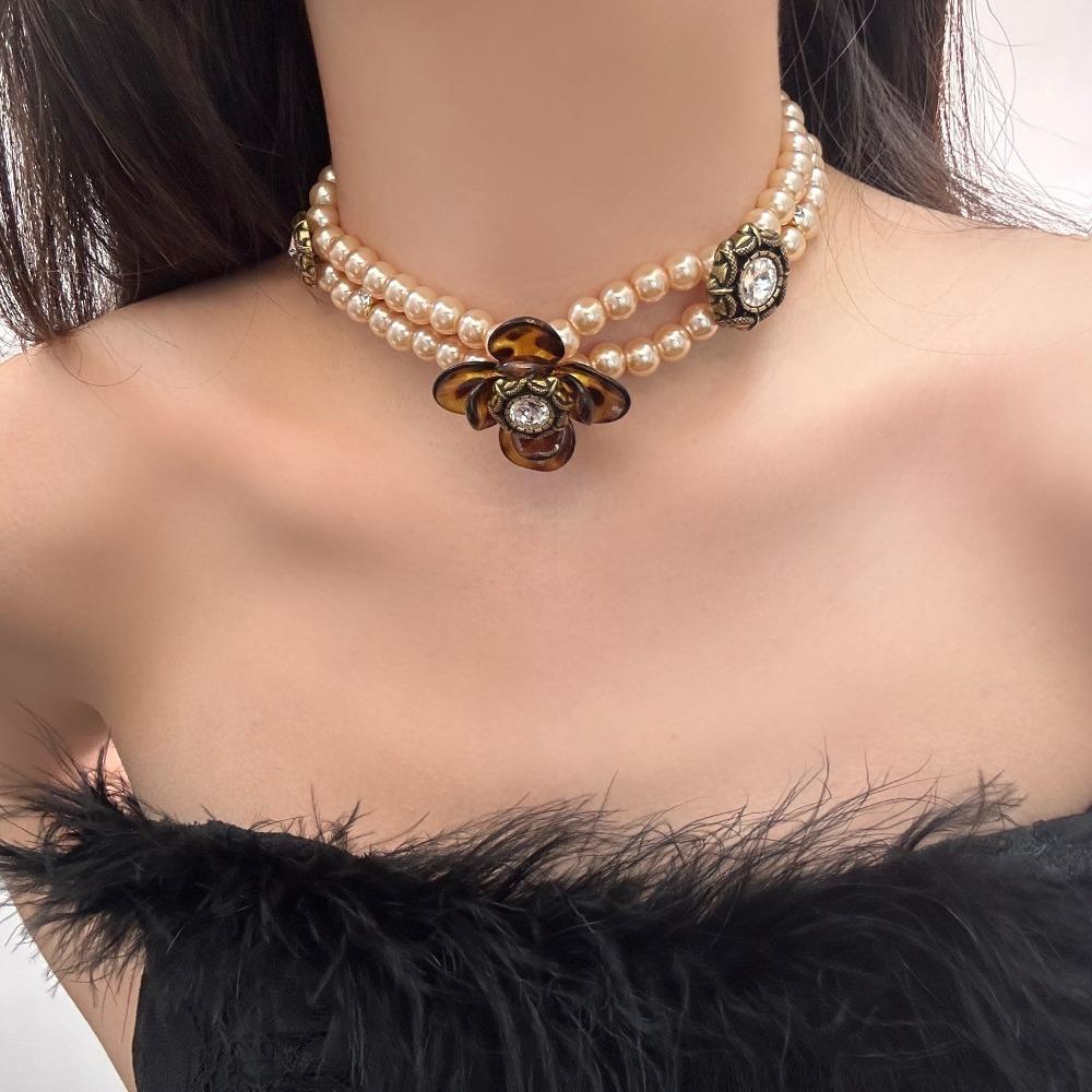 Rhinestone Pearl Beaded Choker Vintage Clavicle Chain Temperament Flower Heart Necklace  Gift