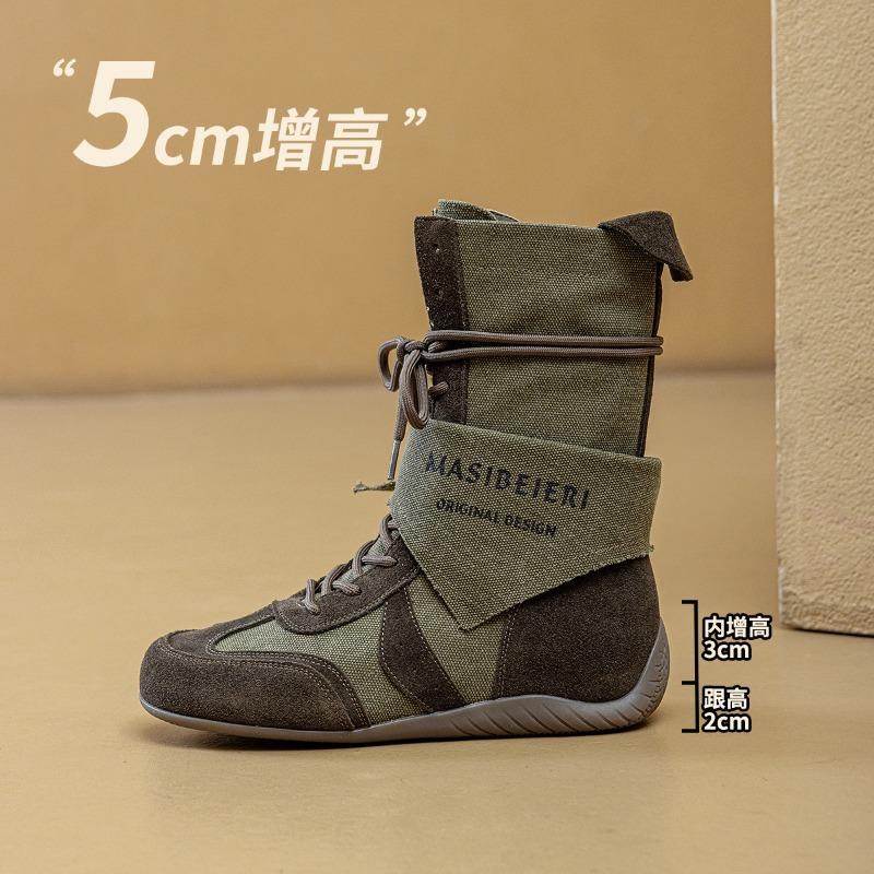 Canvas Martin Boots Women's New Summer Outdoor Hiking Shoes Inner Heightening Short Boots Wasteland Wind Spring and Autumn Medium Boots